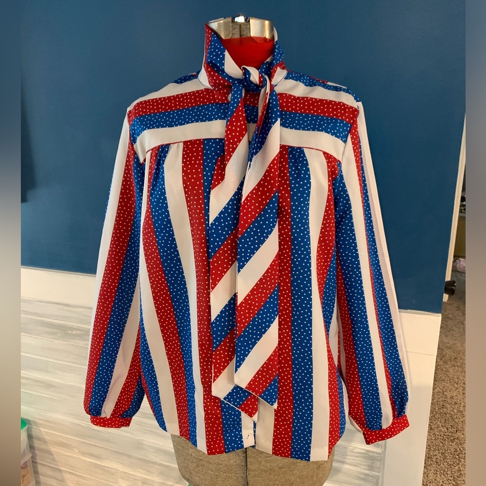 Vintage 70’s Manor Park by Cos Cob patriotic button front, tie collar rare Med